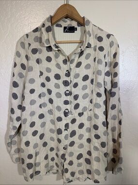 Fenini Made in USA 💯Linen Polka Dot Ribbed Back Blouse Shirt XS